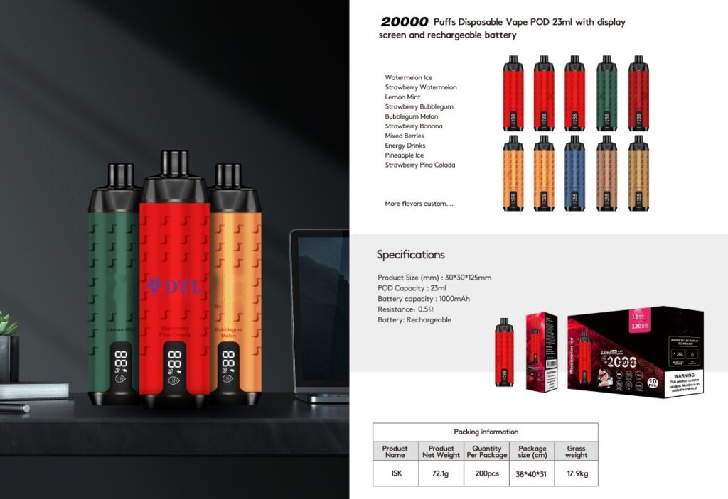 20000 Puffs DL/DTL Disposable Vape Device E-Shisha/Hookah with Screen, Airflow Control and rechargeable 